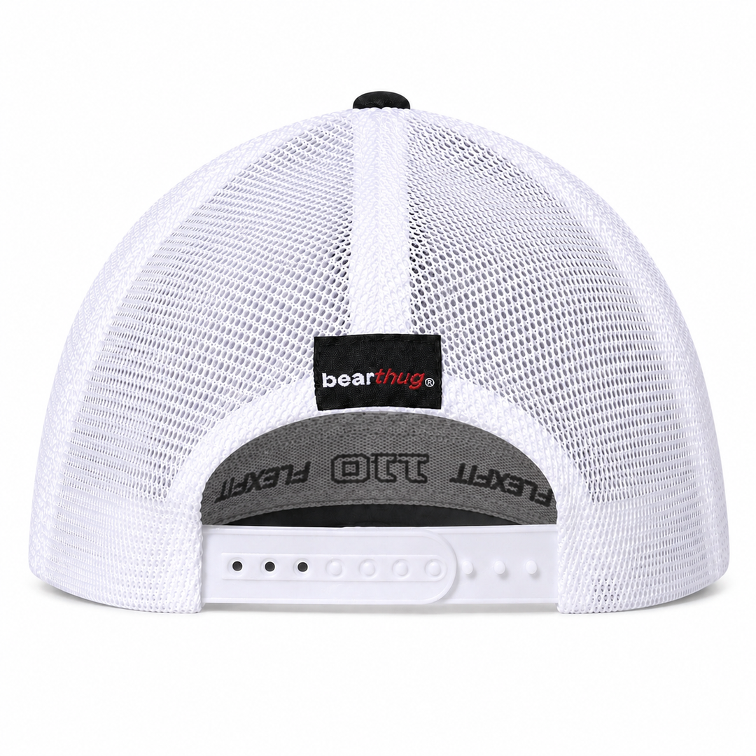 White Flexfit Snapback mesh trucker cap shown from the back, featuring a black adjustable snapback closure with a white plastic slider, a gray inner band, and a black &